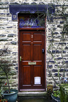 [ photo: Door with Stained Glass Transom, Hebden Bridge, West Yorkshire, England UK, January 2006 (img 118-097) ]